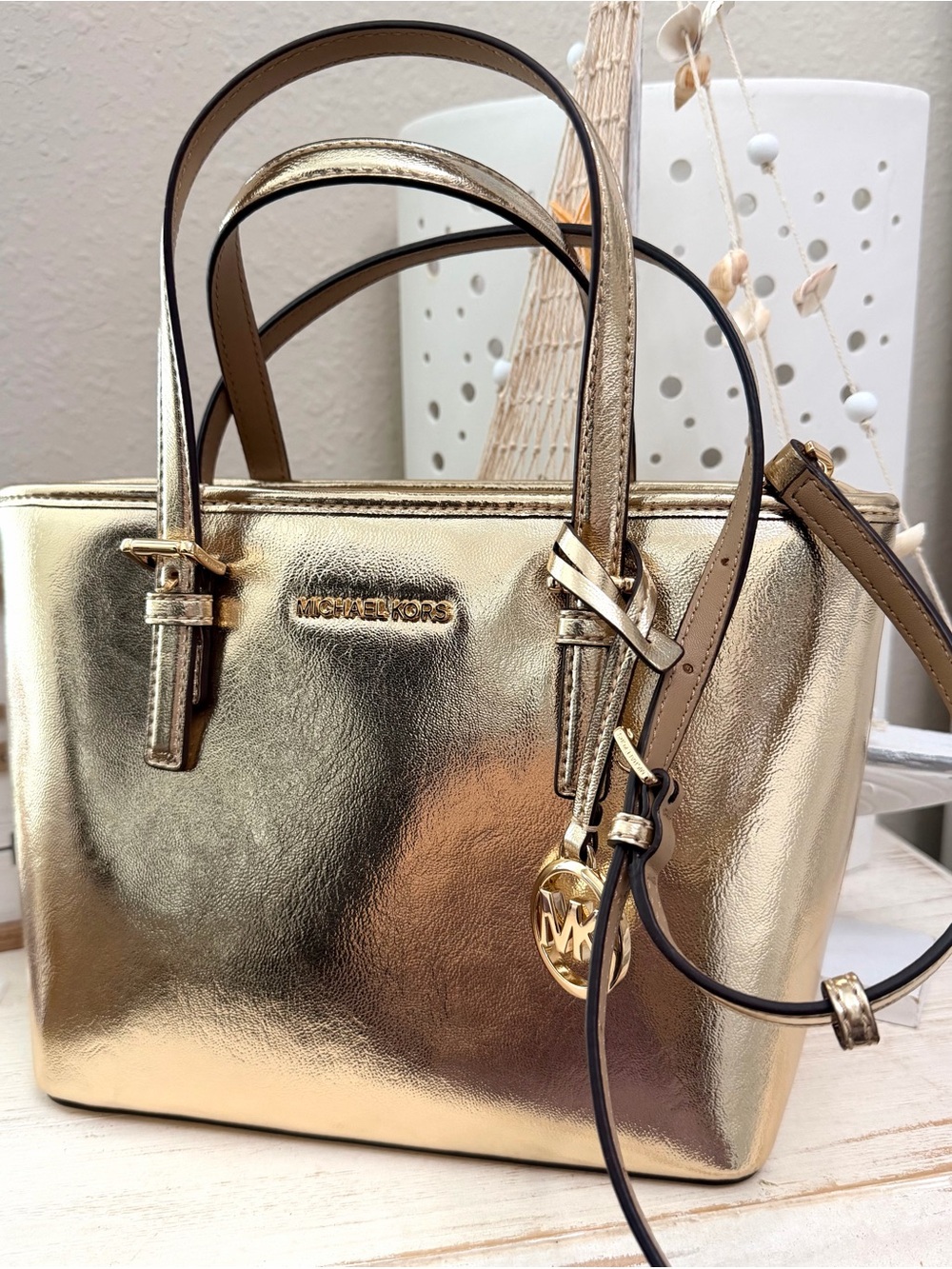Michael Kors Jet Set Travel Metallic Gold Saffiano Leather TZ Tote